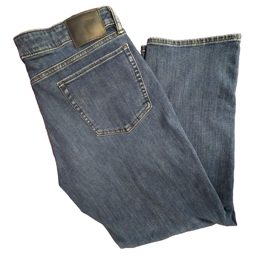 BONOBOS Jean 38x29 Blue Slim Fit Dark Wash Denim Straight Leg Whisker Fade